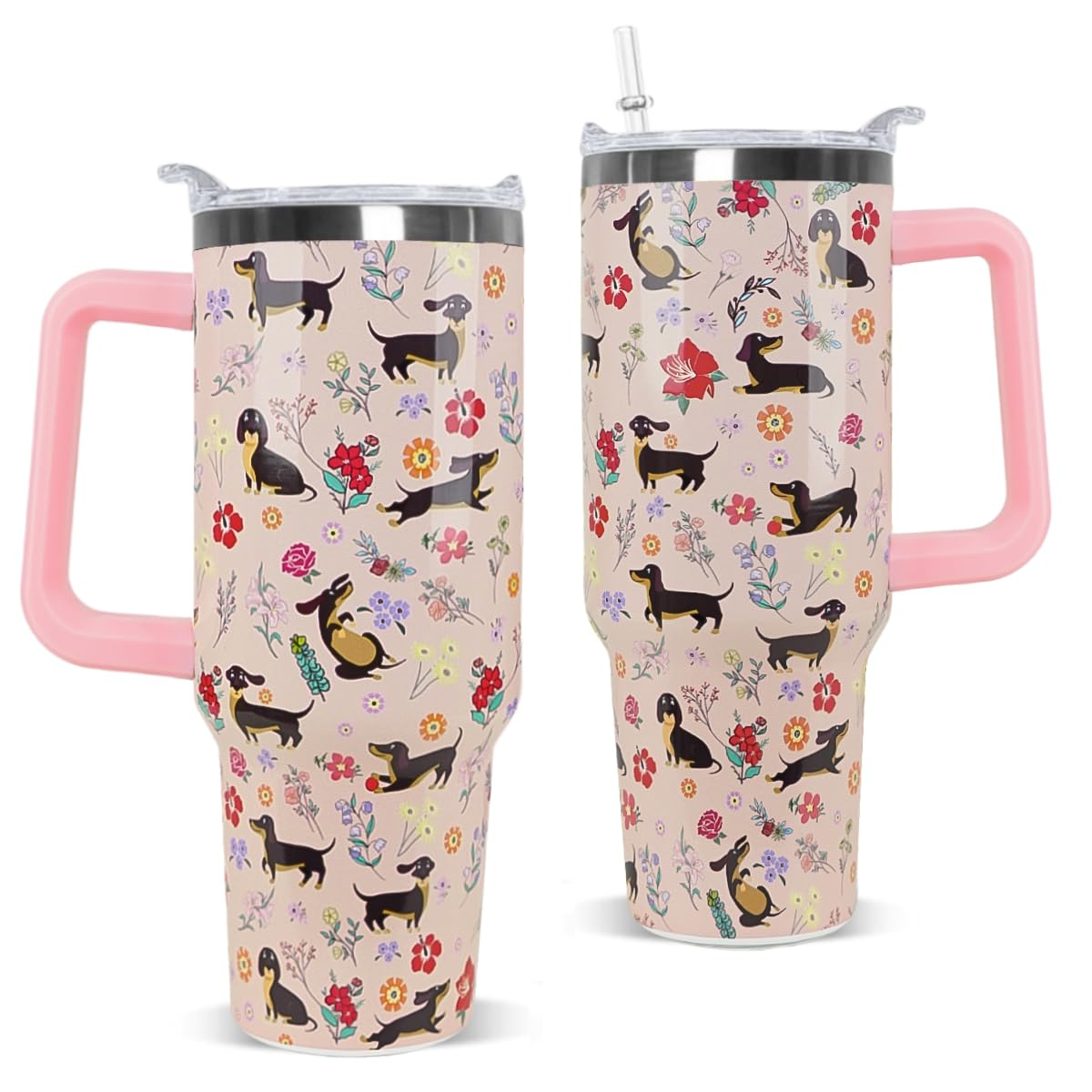Nqhsionv Dachshund Tumbler with Handle and Straw 40 oz Weiner Dog Cup Cute Funny Dog Coffee Travel Mug Stainless Steel Insulated