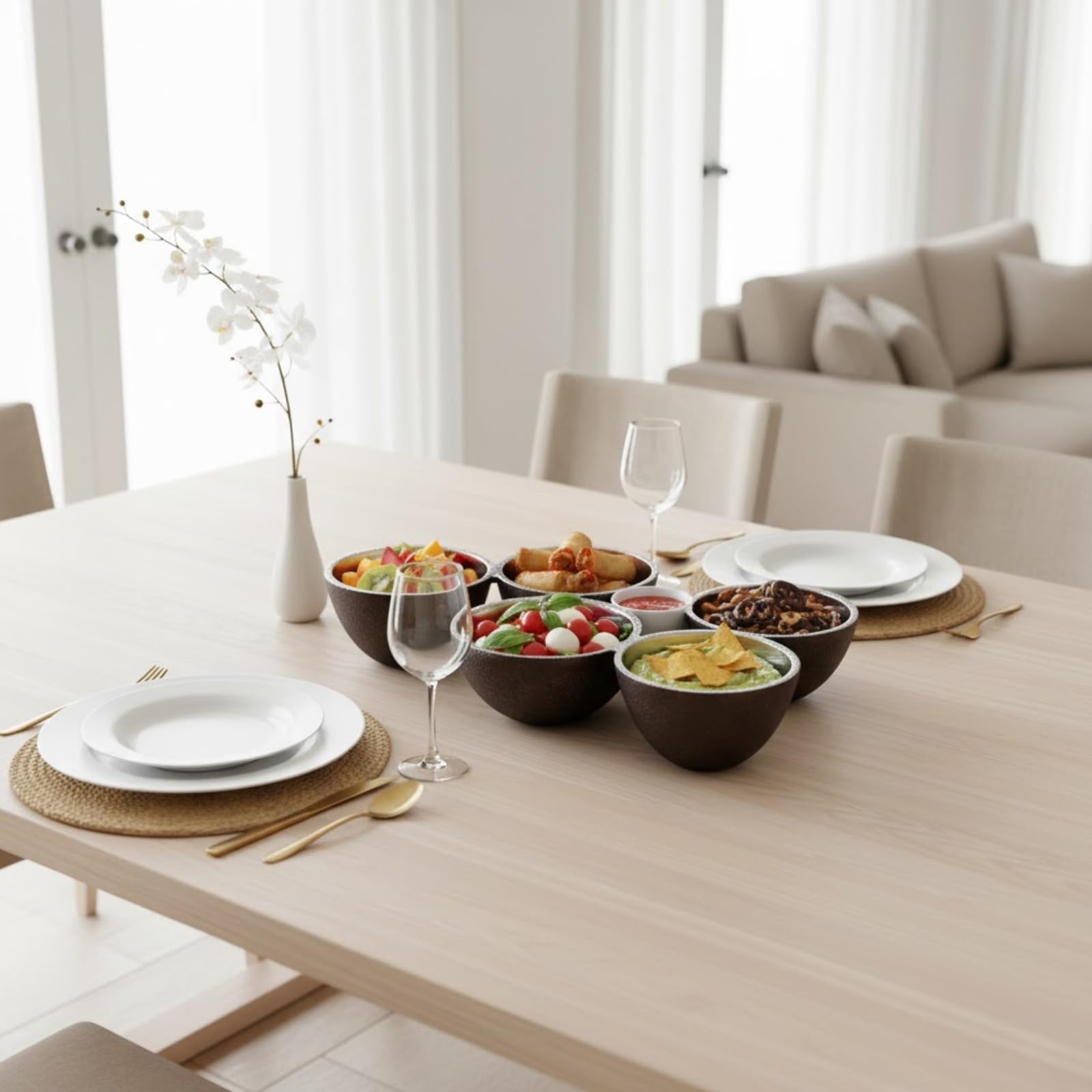 5 Bowl Organic Set – Modern Multi Section Serving Dish | Bowls for Snacks Salads Fruits Desserts