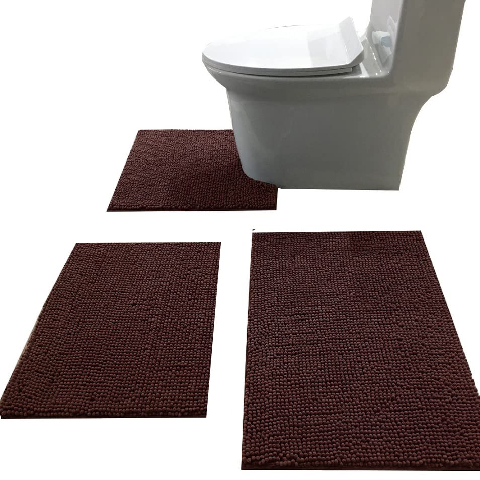 Madeals Bath Rug Set 3 Piece Bathroom Contour Rugs Combo, Soft Shaggy 2 Piece Bath Shower Mat And U-Shaped Toilet Floor Rug Coff