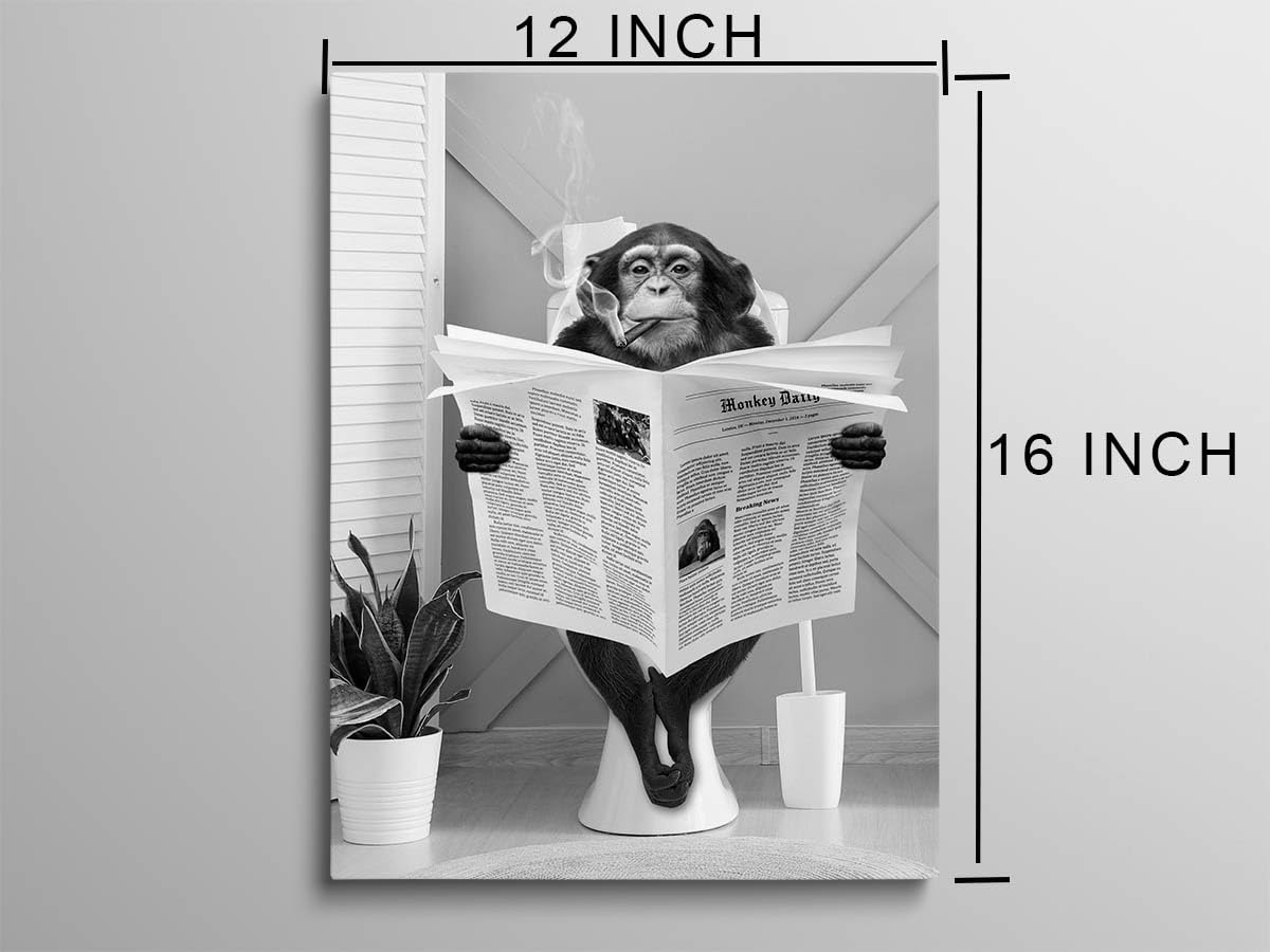 Biufo Monkey On Toilet Canvas Wall Art Print Animal Portrait Picture Artwork For Bedroom Bathroom Decor (12''X16'')