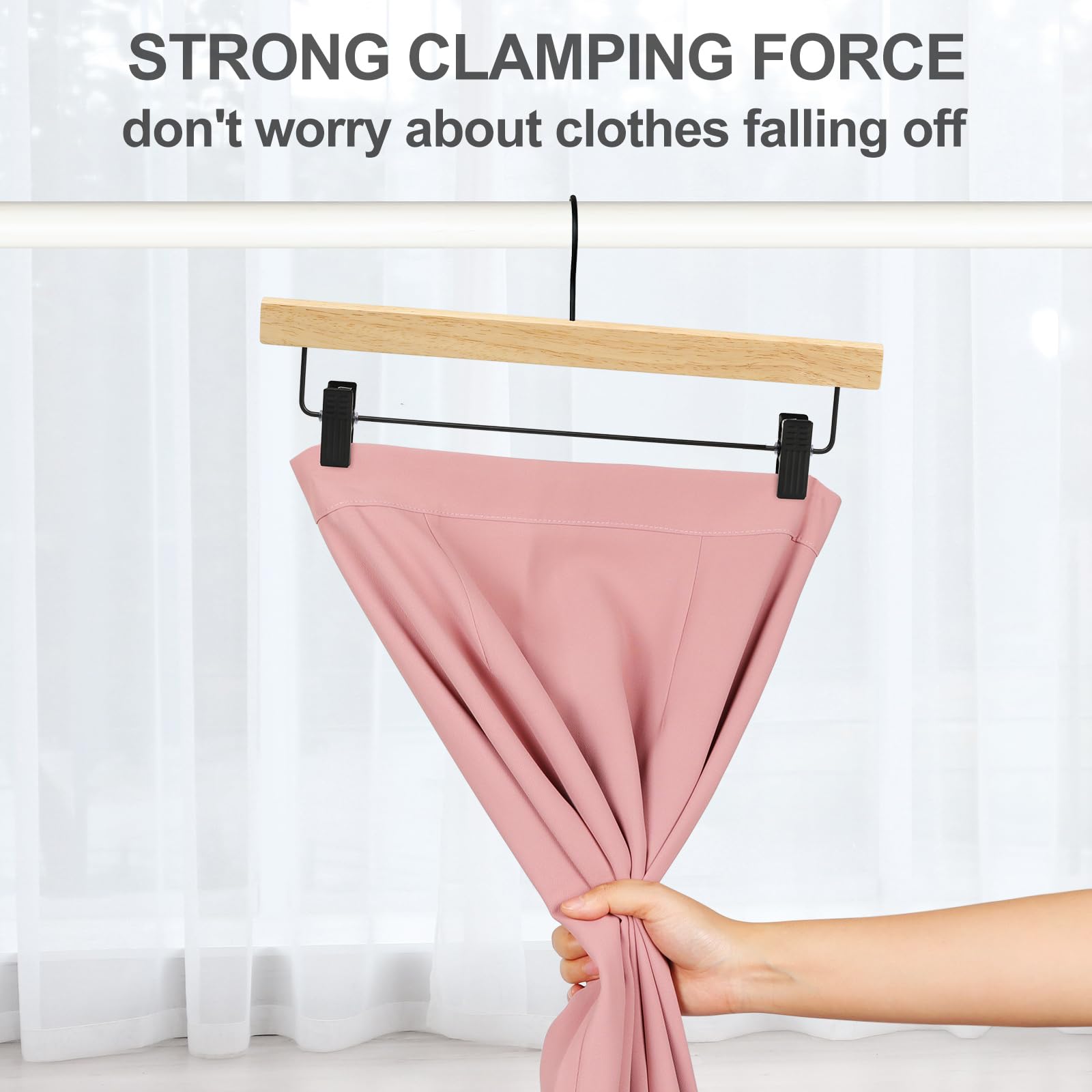 Topia Hanger Pants Hangers 20 Pack, Wooden Clothes Hangers With Black Clips And Rotatable Hook, Durable Natural Rubber Wood Hang