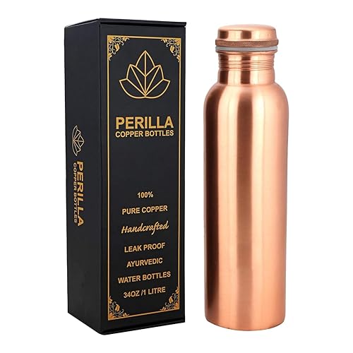 Perilla Home Plain Copper Water Bottle 34 Oz Leak Proof 100% Pure Ayurvedic Copper Vessel with Lid - Drink More Water and Enjoy Health Benefits Immediately/Yoga Bottle