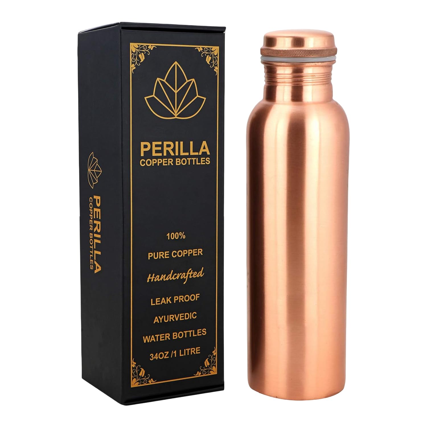 Perilla Home Plain Copper Water Bottle 34 Oz Leak Proof 100% Pure Ayurvedic Copper Vessel with Lid - Drink More Water and Enjoy Health Benefits Immediately/Yoga Bottle