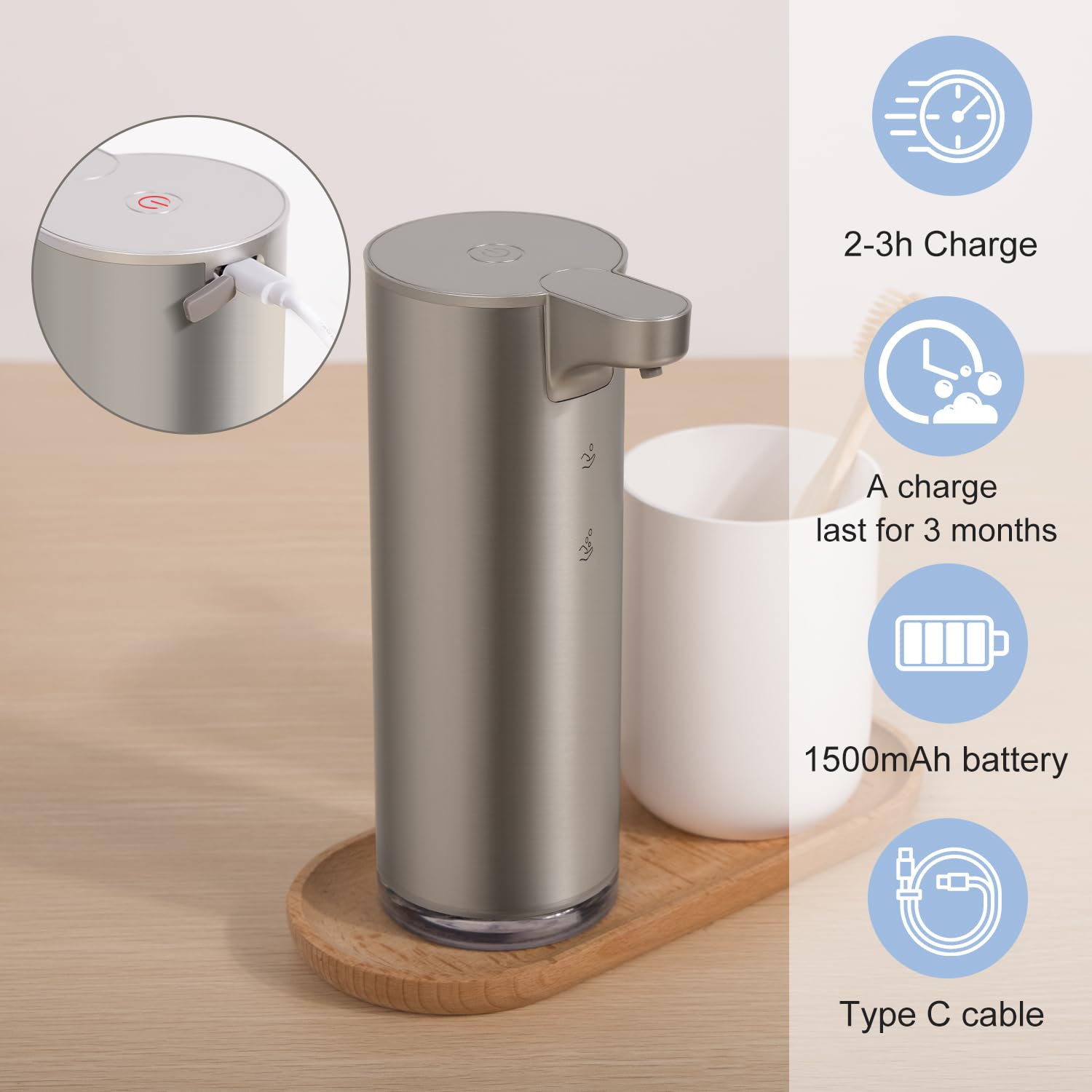 Automatic Foaming Soap Dispenser, Rechargeable Touchless Foam Hand Soap Dispenser For Bathroom, Stainless Steel Soap Pump For Ki