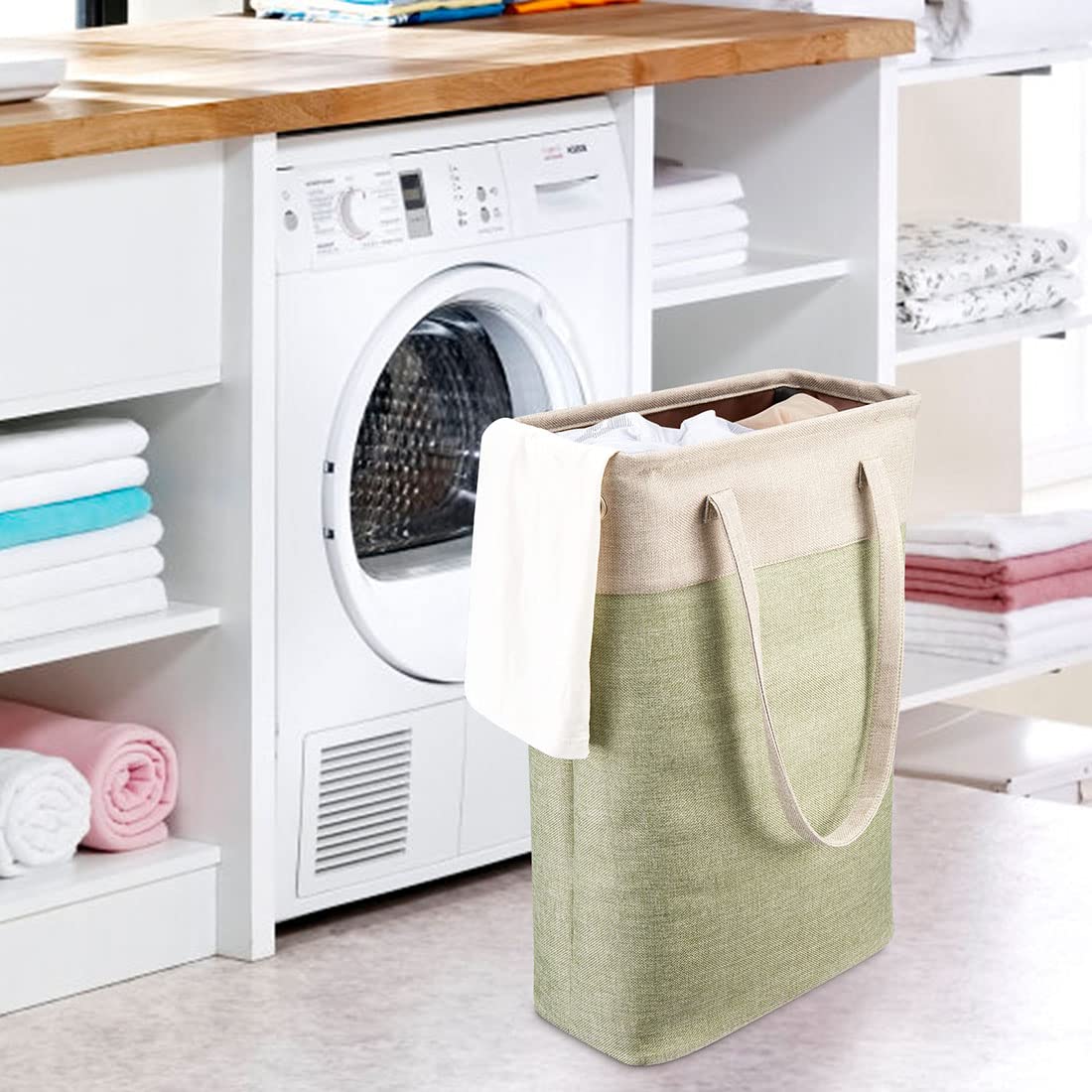i BKGOO Laundry Basket with Handles Beige&Green Slim Laundry Bin Collapsible Dirty Clothes Basket Narrow Laundry Bag Foldable Dirty Hamper for Camping  Dorms  Apartments