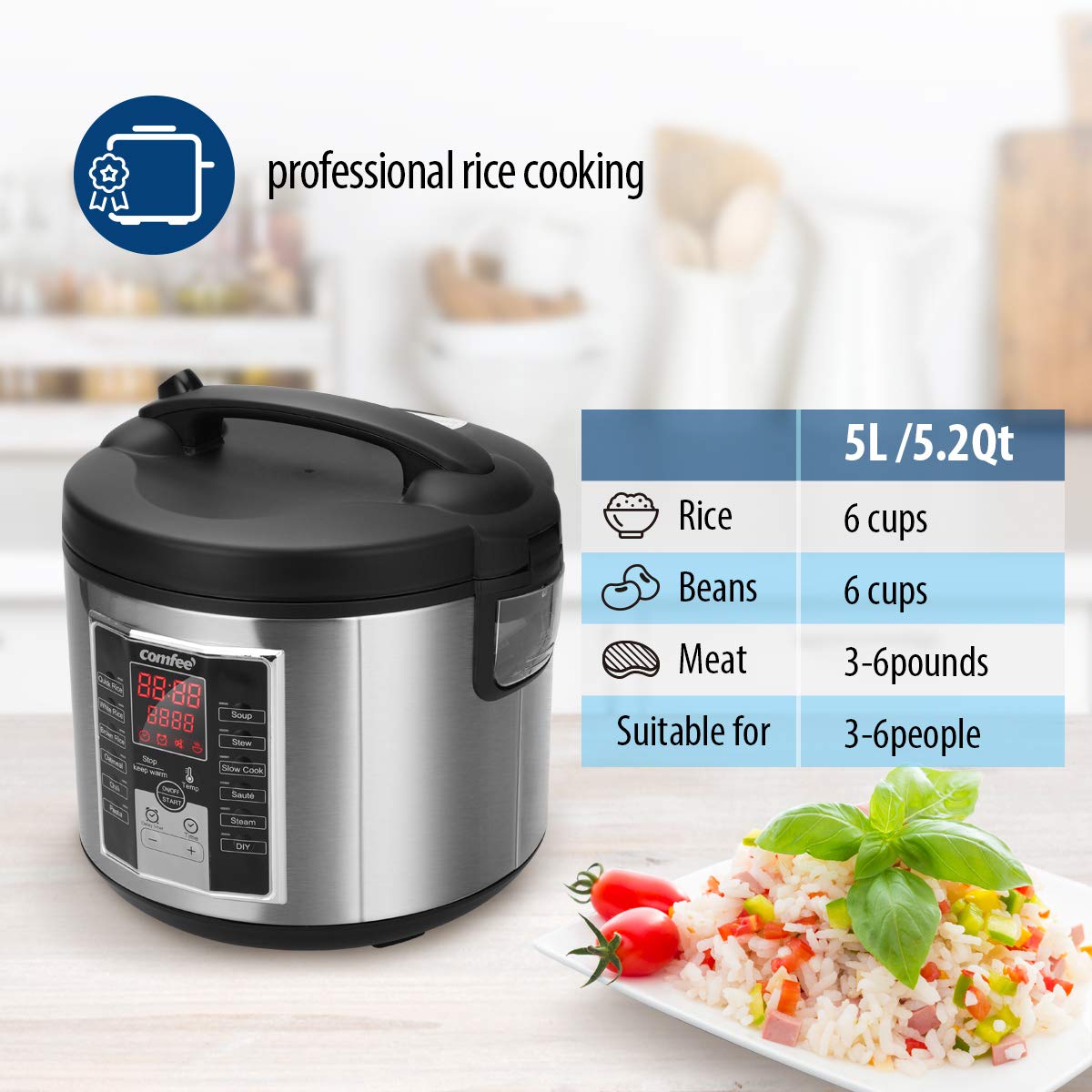 Comfee' Rice Cooker, Slow Cooker, Steamer, Stewpot, Saut   All In One (12 Digital Cooking Programs) Multi Cooker (5.2Qt ) Large
