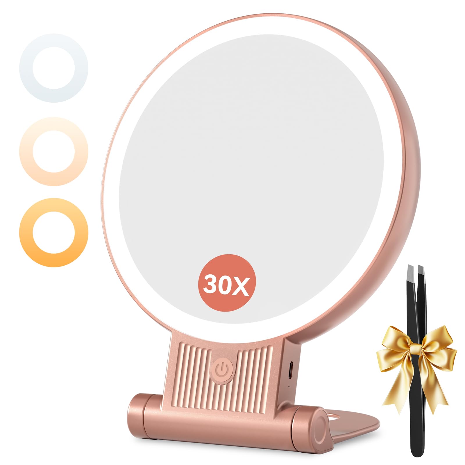 1X/30X Magnifying Mirror with Light, Double Sided Makeup Mirror with Adjustable 3 Color Light, 2000mAh Rechargeable Lighted Magn
