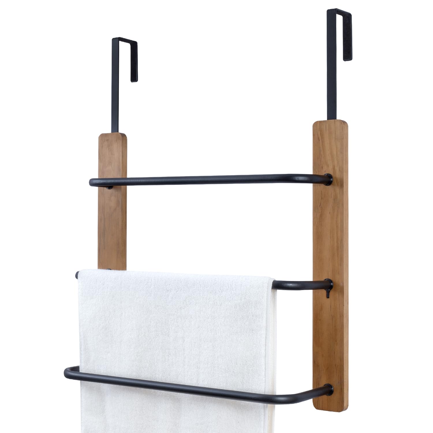Mygift Rustic Over The Door Towel Rack, 3 Tier Solid Burnt Wood And Matte Black Metal Space Saving Bathroom Door Hanging Towel B