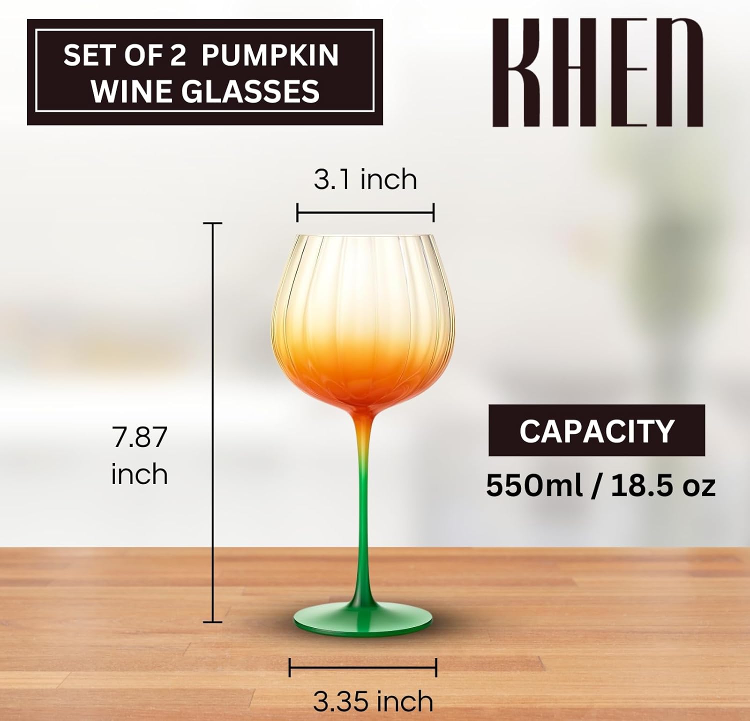 Khen Pumpkin Wine Glasses Fall Inspired Lightweight - Set of 2 Orange & Green