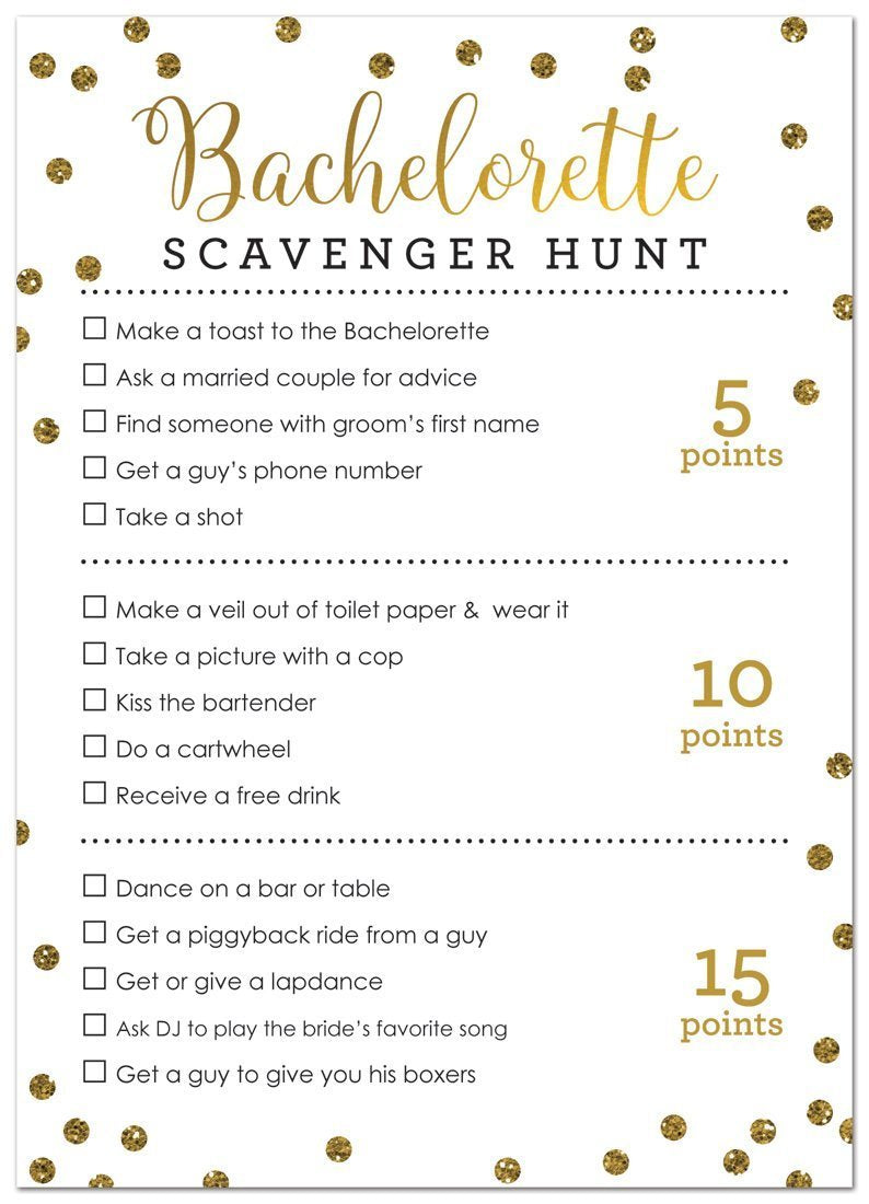 24 Cnt Bachelorette Scavenger Hunt Game (Faux Gold Glitter Foil On White)