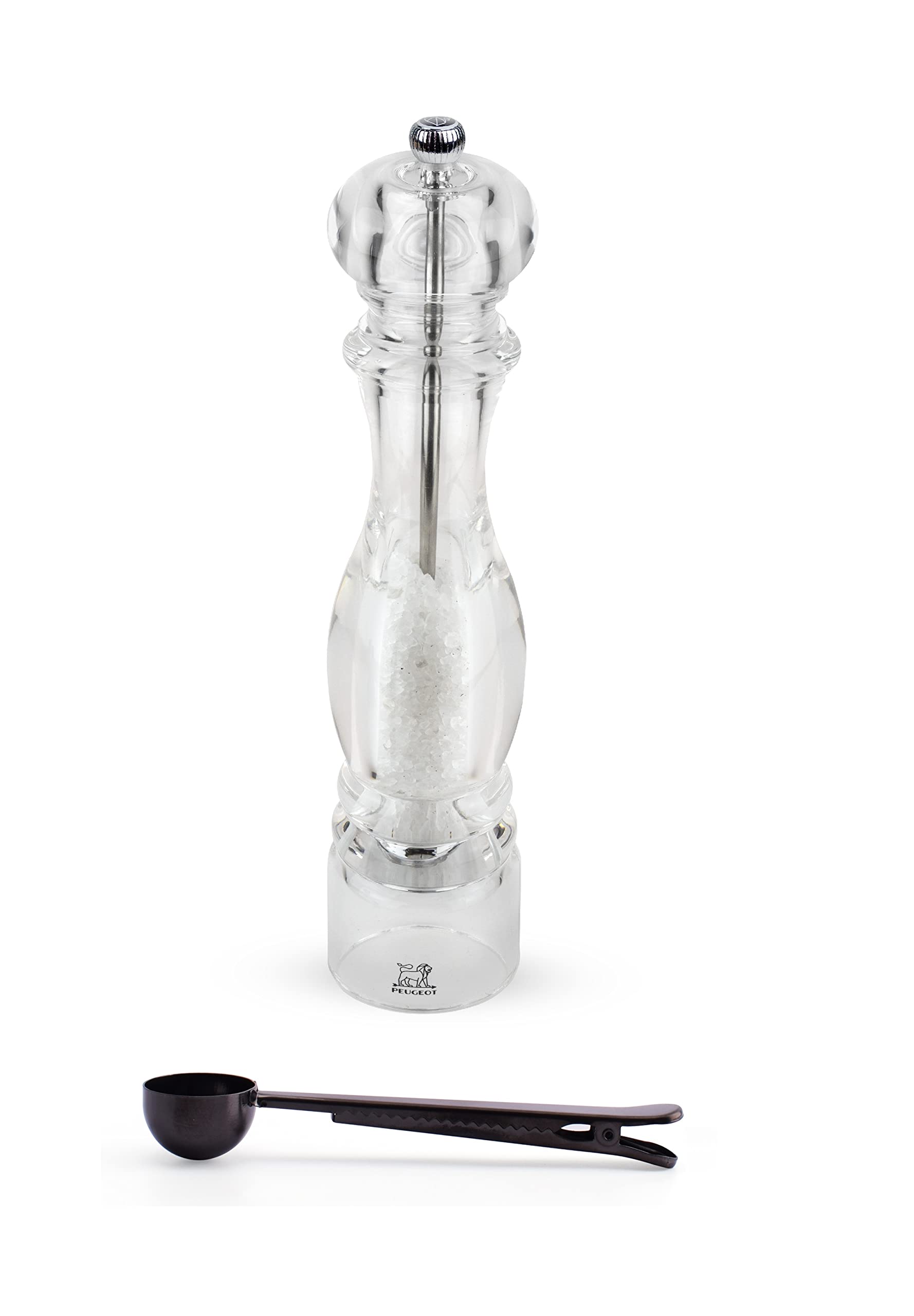 Peugeot  Nancy Acrylic Manual Salt Mill  Transparent Adjustable Grinder Gift Set With Stainless Steel Spice Scoop/Bag Clip, 1
