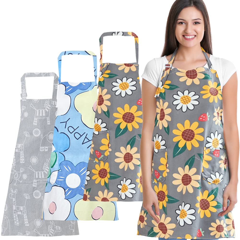 Apronner 3 Pcs Larger Size Cooking Kitchen Baking Aprons For Women With Pockets Vintage Cotton Linen Family Aprons Sets 09