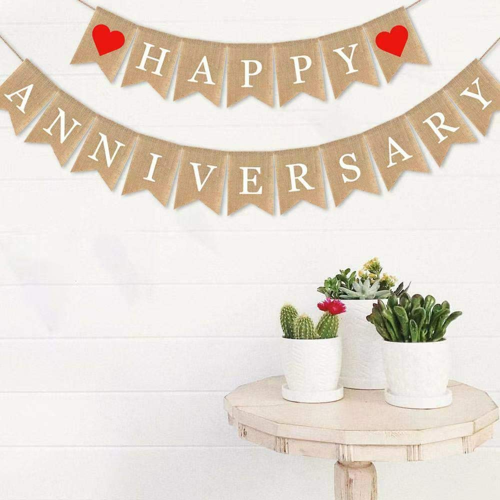Swyoun Burlap Happy Anniversary Banner Party Bunting Garland Wedding Decoration Supplies