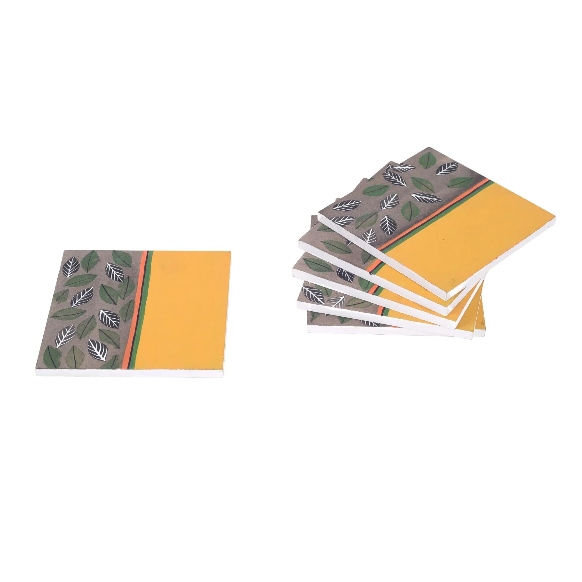 Dudki (Set Of 6) Melody Of Leaves Wooden Coaster|Heat Resistant Hot Pot Coaster|Cup Mat Tea Coaster Dining Table Accessory|Kitch