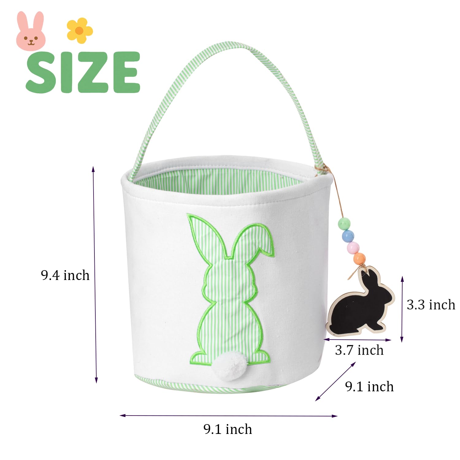 Easter Basket, Bunny Baskets with Pom-Pom Tail, Stripe Pattern, Bucket for Egg Hunts, Easter Gifts (Green)