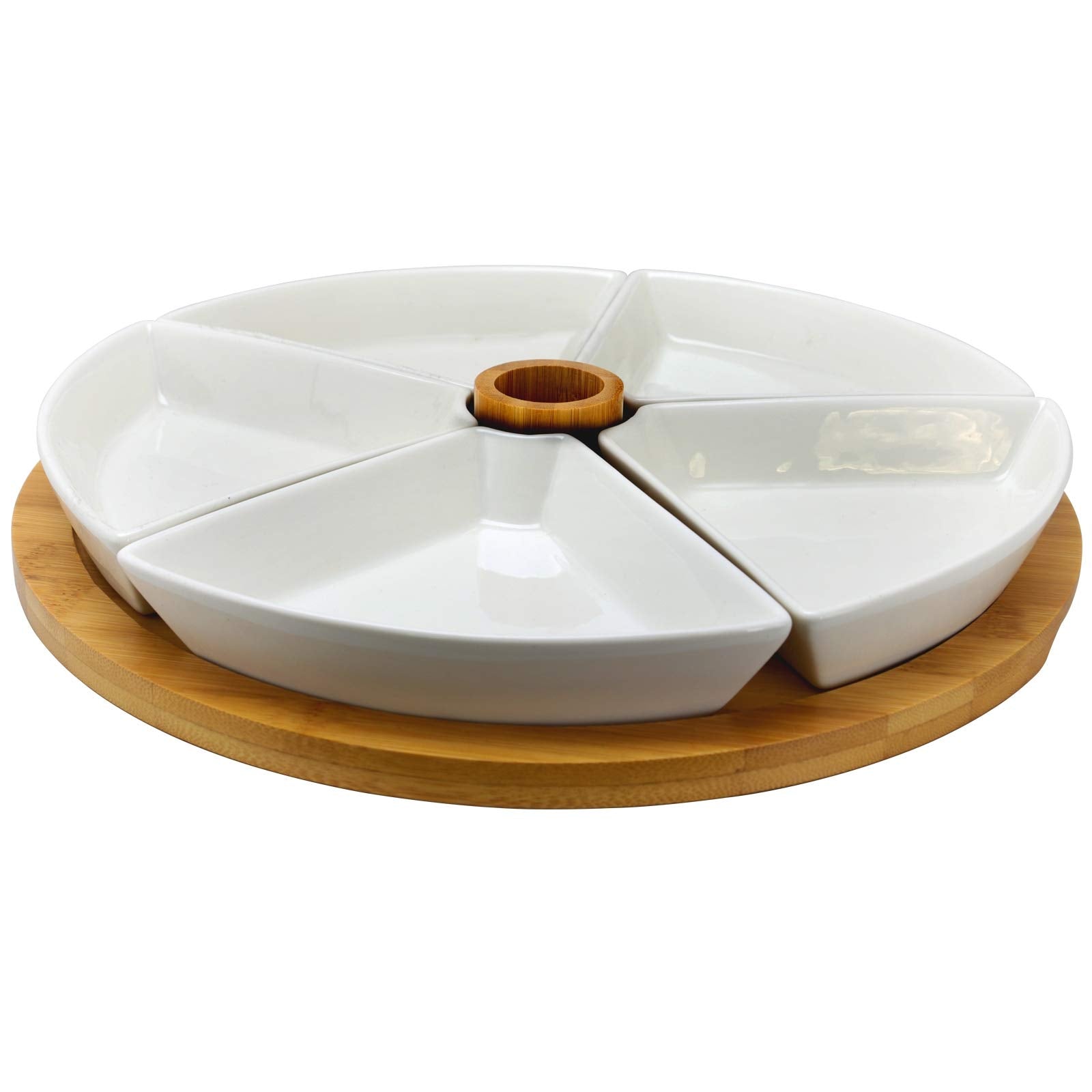 Elama Ceramic Stoneware Condiment Appetizer Set, 7 Piece, Large Round In White And Natural Bamboo