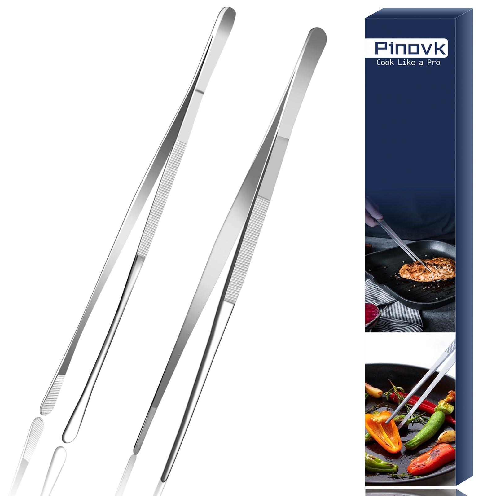 Pinovk 2 Pcs 12Inch Kitchen Tweezers, ExtraLong Stainless Steel Cooking Tweezer Tongs for Plating, Roasting, Serving Food, Sil