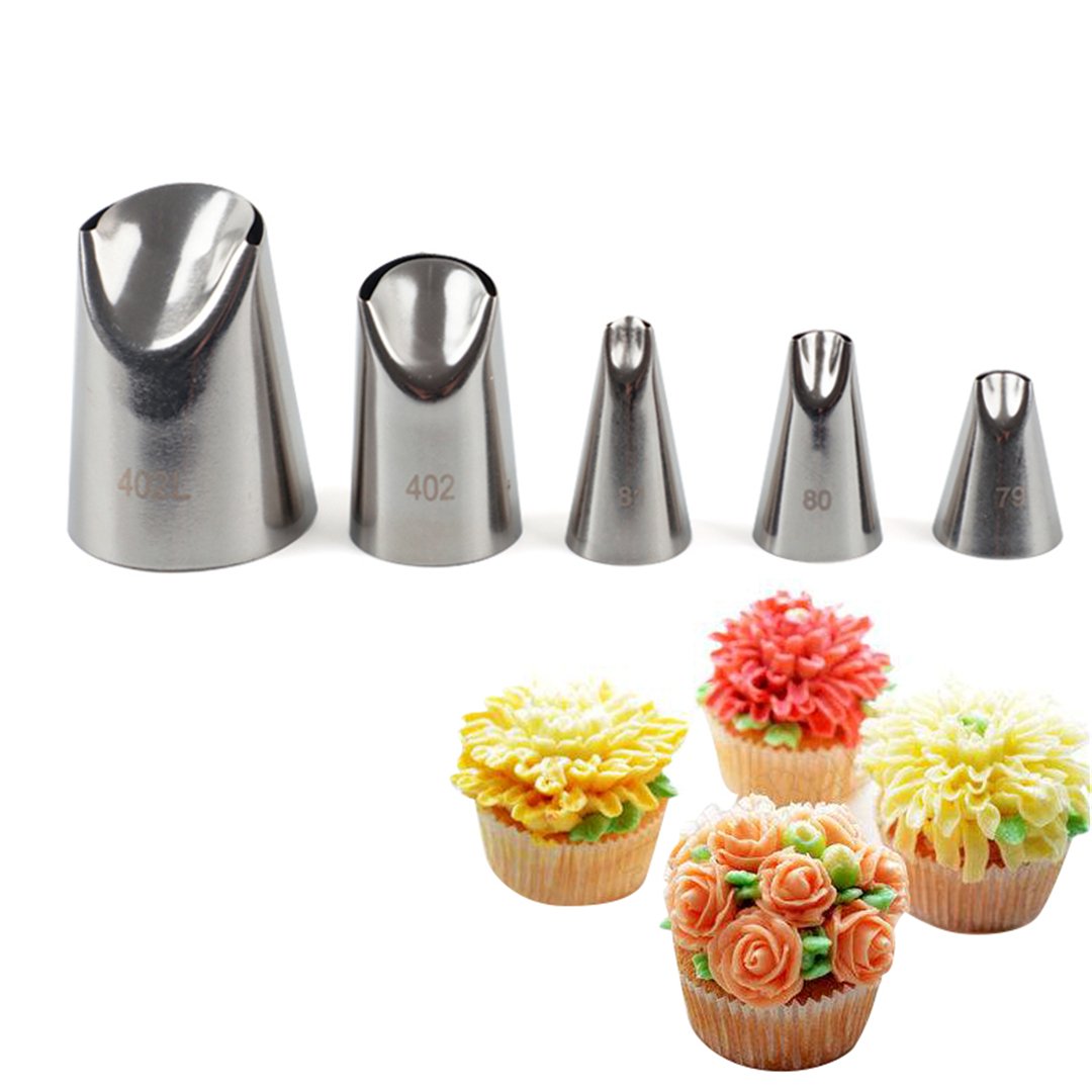Fantasyday 5 Piece Stainless Steel Rose Flower Piping Tips Piping Nozzles Cake Decorating Supplies Cookies Cupcake Icing Decorat