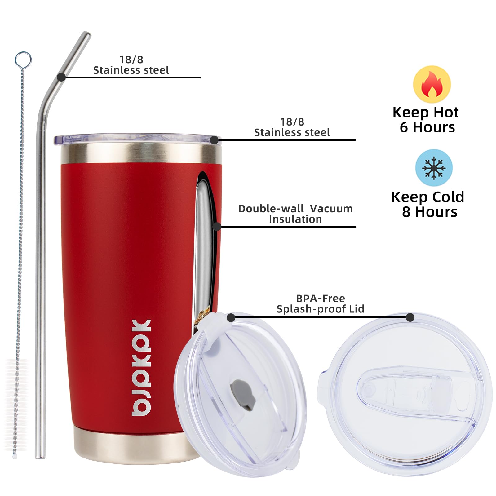 Bjpkpk 20 Oz Insulated Tumbler With Lid And Straw Stainless Steel Coffee Mug Tumblers Cups,Red