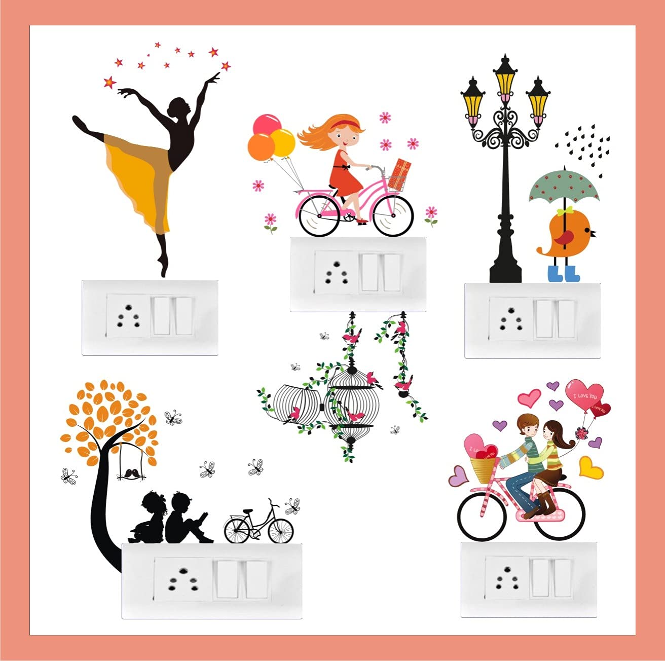 Heaven Decors Switch Board Sticker - Colorful - Birds Cage - Dancing Lady - Lovely Couple - Street Lamp - Decorative ( Standard