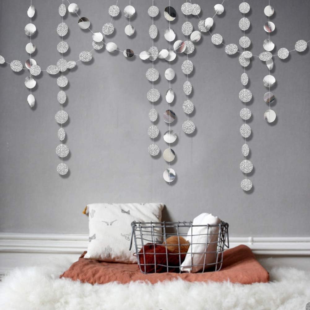 Cheerland Glitter Silver Circle Dot Garlands Party Decorations Hanging Circle Banner Streamer Backdrop Decor Wedding Birthday Bday Engagement Bridal Shower Bachelorette Party Supplies