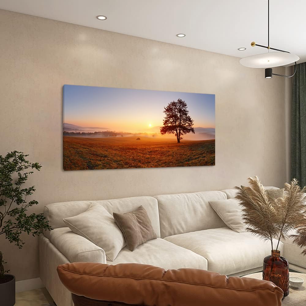 Lasdel Alone Tree On Meadow At Sunset With Mist Landscape Canvas Wall Art For Living Room Bedroom, Beautiful Nature Scenery Pain