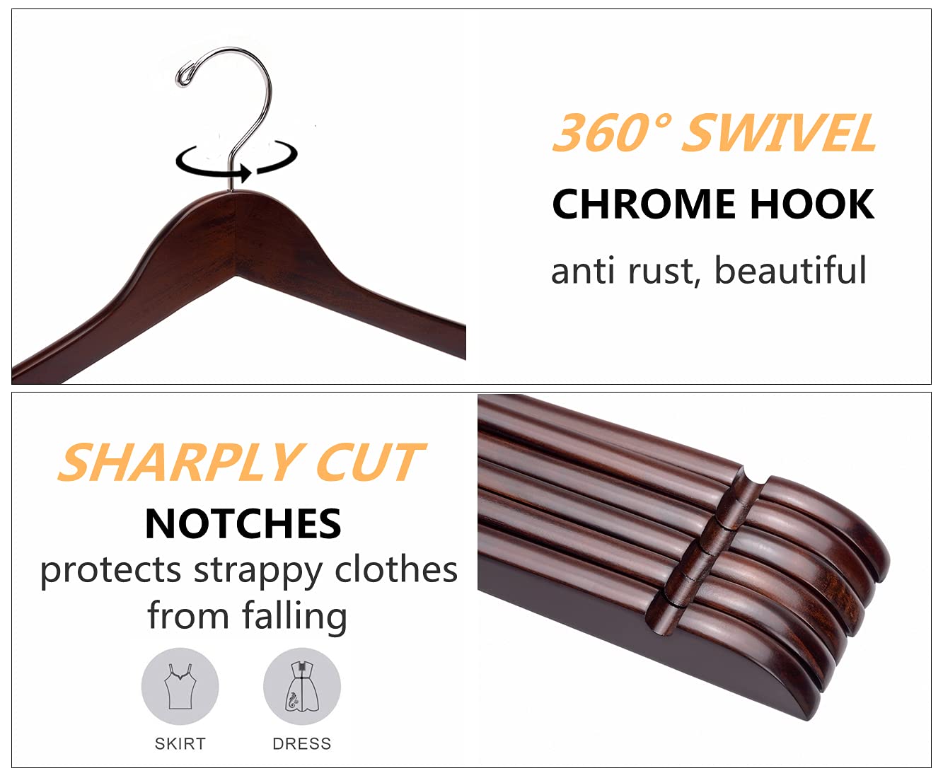 Amber Home Vintage Wood Coat Hangers 20 Pack, Walunt Wooden Suit Hangers With Non Slip Pant Bar, Clothes Hangers For Jacket, Bri