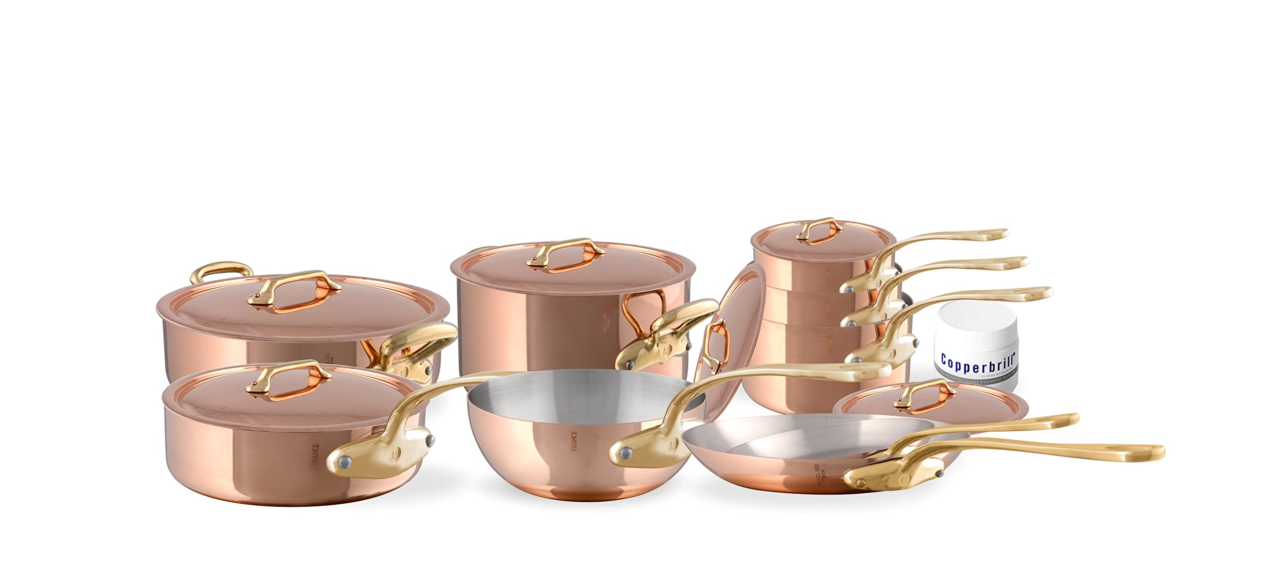 Mauviel MHeritage 200 B 2mm Polished Copper & Stainless Steel 16Piece Cookware Set With Brass Handles, Made In France