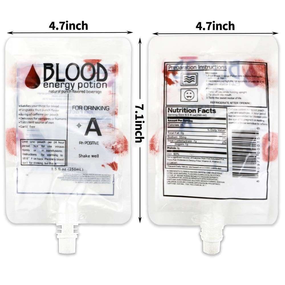 Nexxxi 20 Pack Halloween Blood Bags Reusable Food Grade Bags 8.5Oz With Cap For Drinks Halloween Party Favors, Nurses Day Party