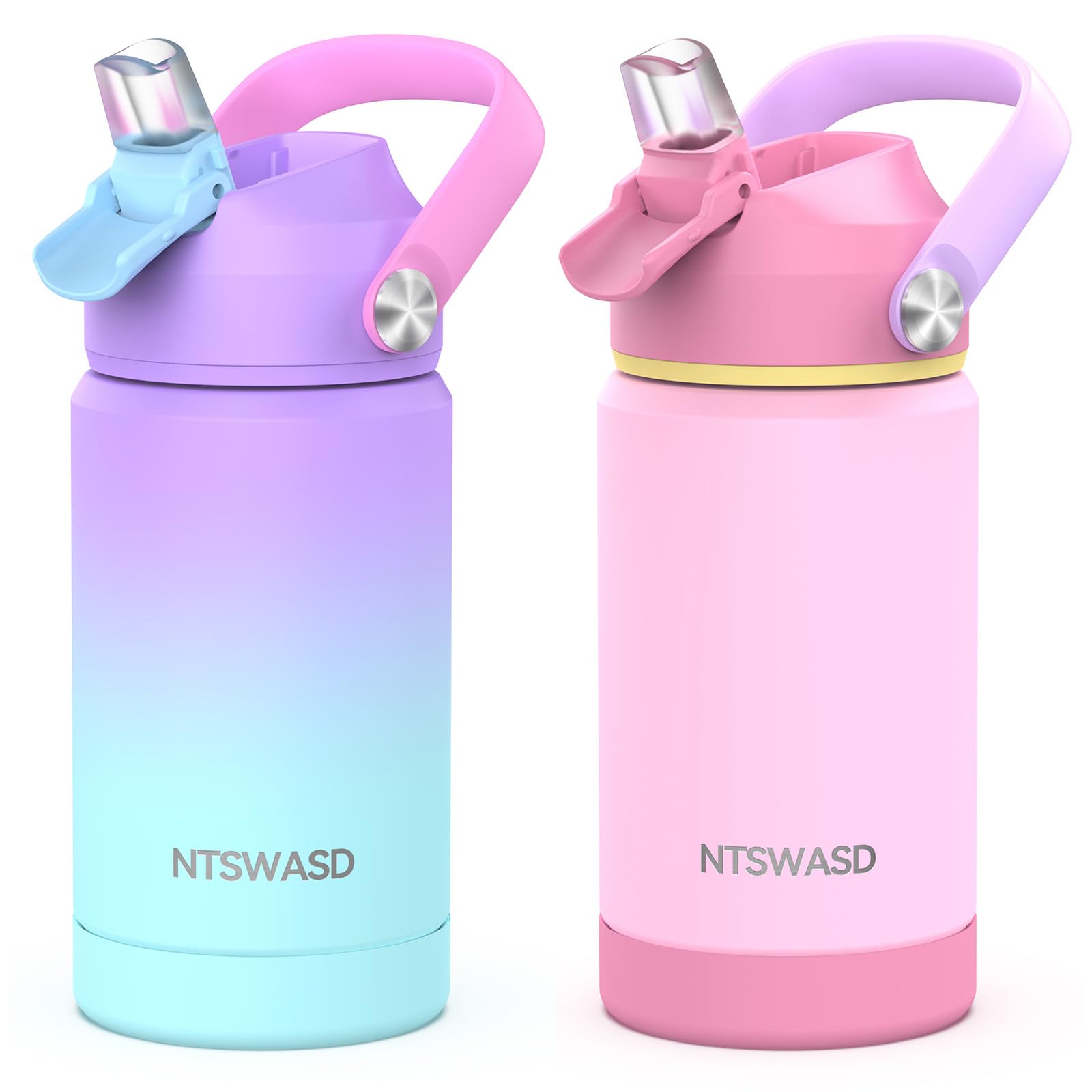 Ntswasd Girls Insulated Water Bottle with Straw,12 oz Kids Cups with Stainless Steel Leak Proof for School Daycare(2Pack,Purple+