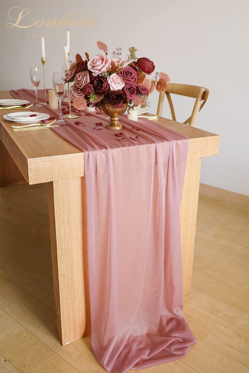 Lookein 10 Feet Mauve Chiffon Table Runner Sheer Wedding Table Cloth 29X120 Inches Rustic Wedding Decorations French Chiffon Tab