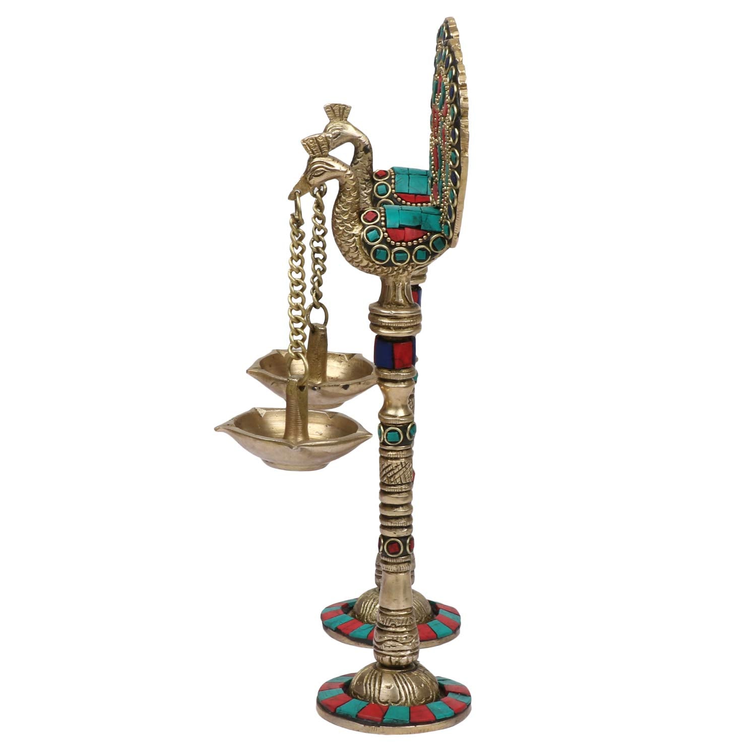 Kartique Brass Diya Stand (6.4 x 6.4 x 23.5 cm, Multicolour), Standard (MNPEACOCKDIYA1000GM)