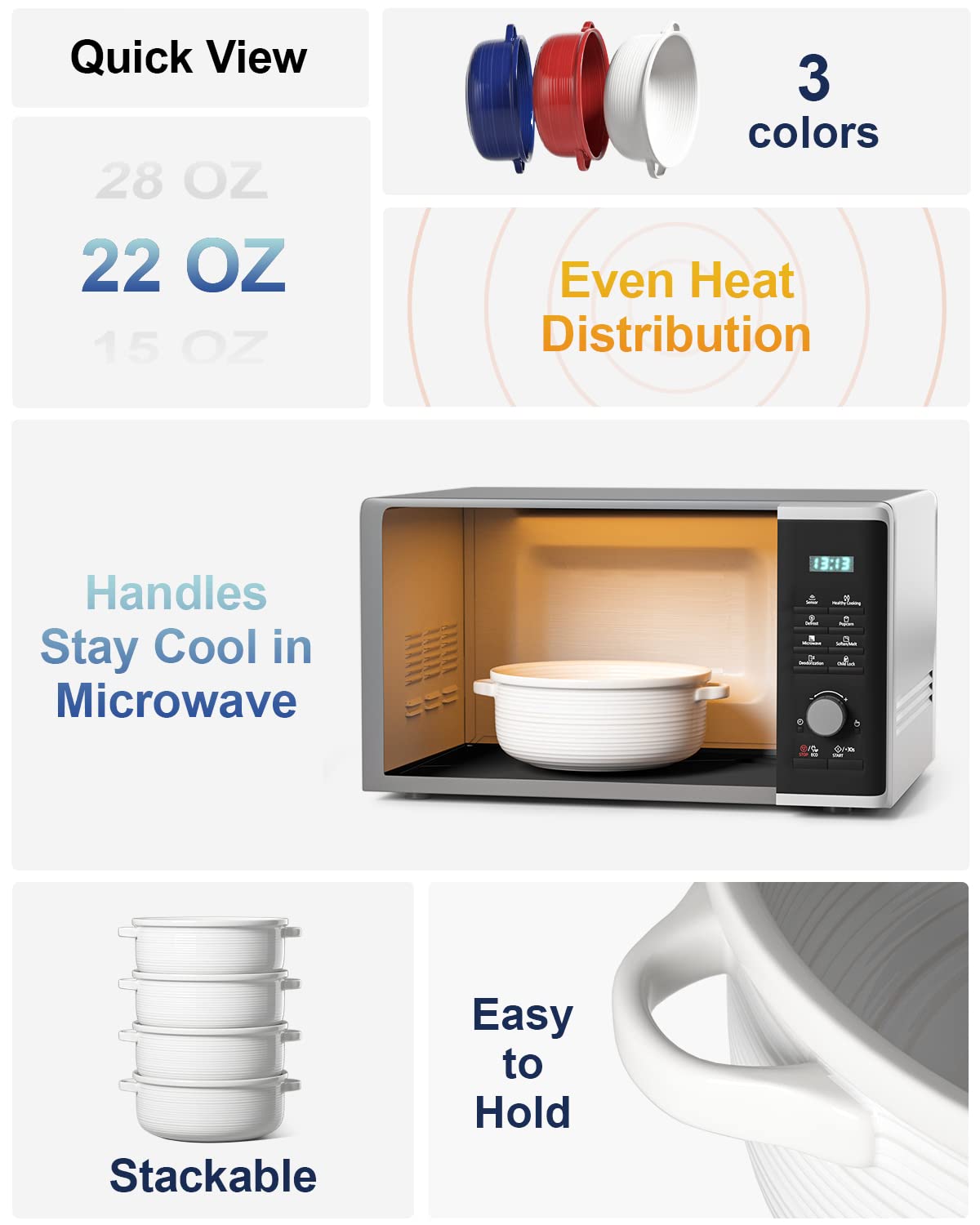 LE TAUCI 22 oz Ceramic Soup Bowls with Handles, Set of 4, White - Ideal for Soup, Chili, and Beef Stew