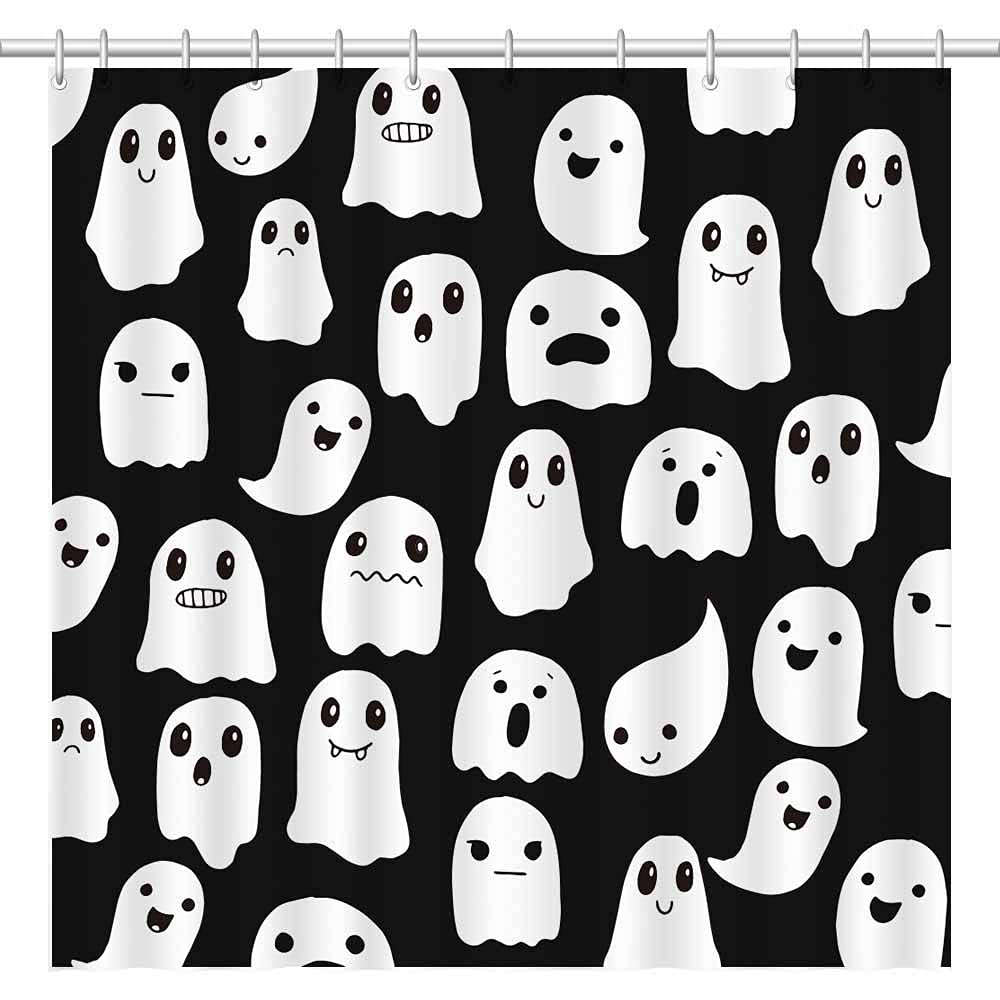 Shengjun 72X72 Inches Halloween Ghost Shower Curtain, Spooky Cute Funny Cartoon Ghosts Icons Black And White Fabric Kids Boy Tri
