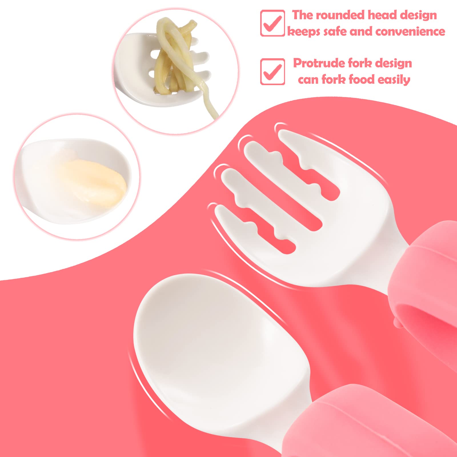 HIWOOD Baby Self Feeding Training Spoon and Fork Set with Travel Case, BPA-Free Cute Circle Toddler Training Utensils, Silicone/