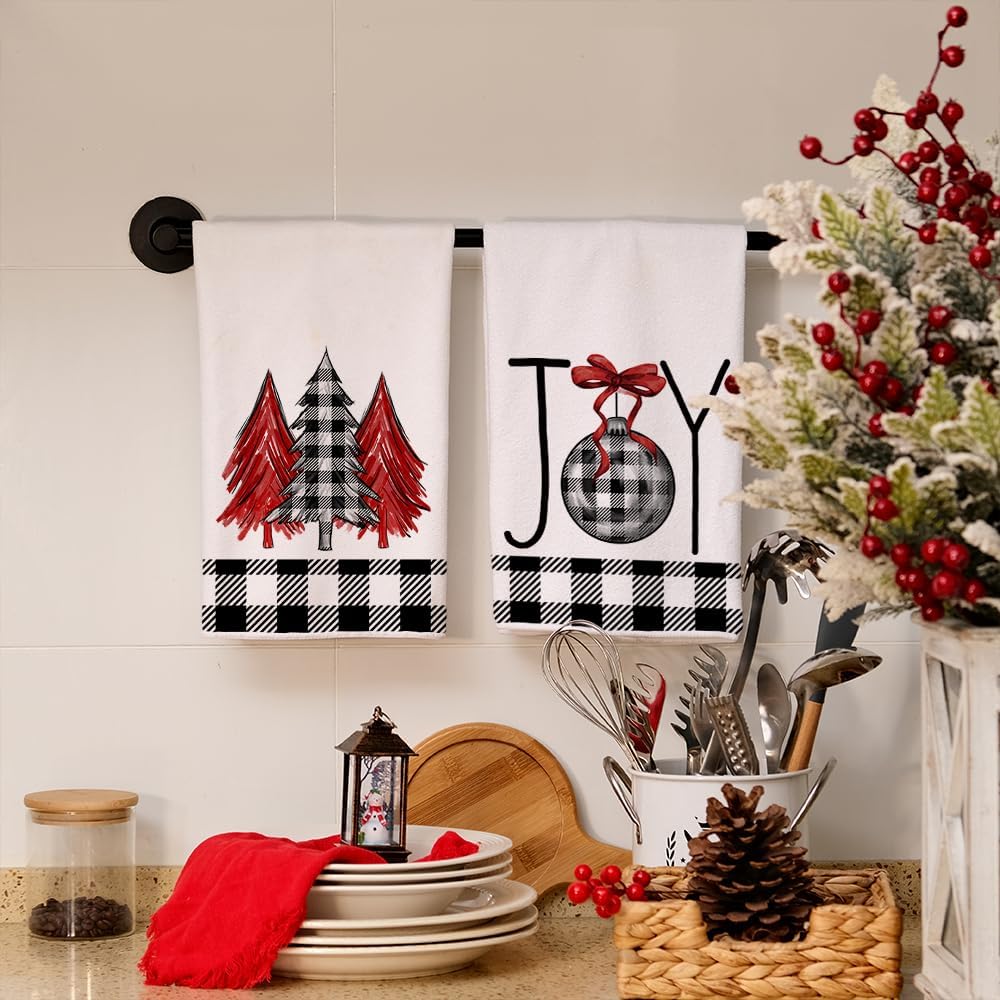 Arkeny Christmas Dish Towels For Christmas Decor Black Buffalo Plaid Xmas Tree Kitchen Towels 18X26 Inch Joy Noel Red Christmas
