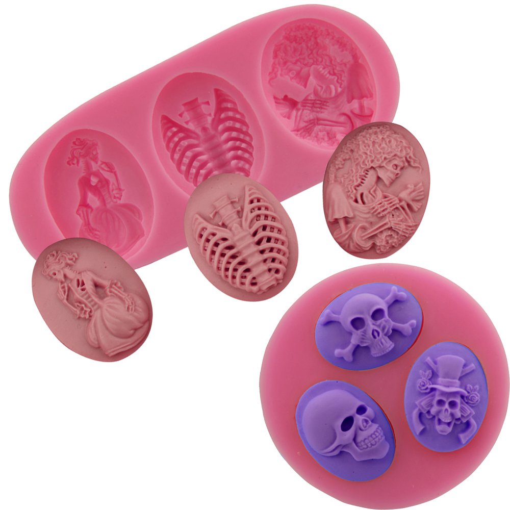 Lshcx Skeleton Skull Fondant Cake Mold Silicone Chocolate Candy Mould, 2 Pack