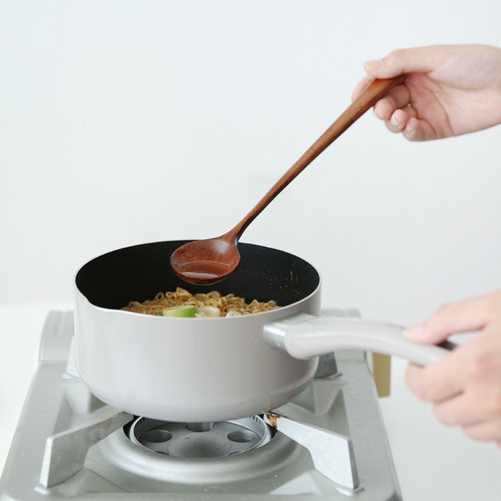 Long Spoons Wooden, 5 Pieces Korean Style 10.9 Inches 100% Natural Wood Long Handle Round Spoons For Soup Cooking Mixing Stirrer