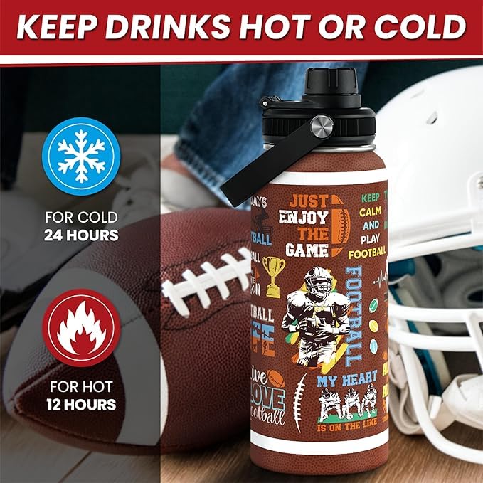 American Football Insulated Stainless Steel Water Bottle 32oz, Vacuum Chug Lid Travel Tumbler for Men Friends Dad Football Lover