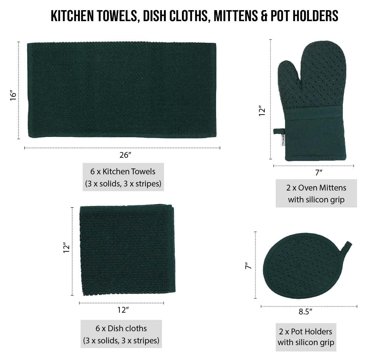 LANE LINEN Dish Towels and Dishcloths Sets - 16 Pc Kitchen Mitts and Pot Holders, 100% Cotton Kitchen Dish Rags for Washing Dish