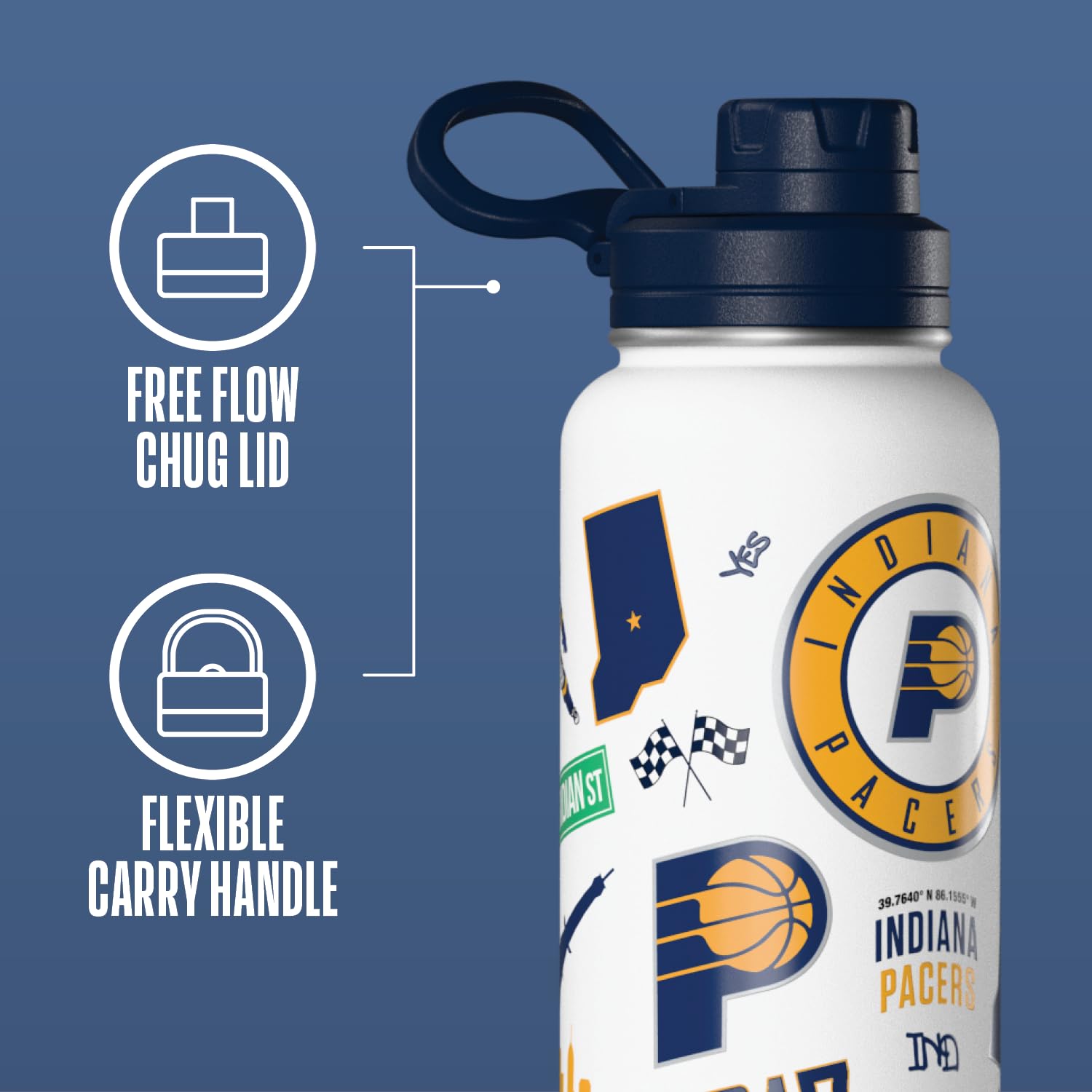 Hydrapeak x NBA Officially Licensed Indiana Pacers 32 oz Active Water Bottle with Chug Lid Reusable Stainless Steel Double Wall