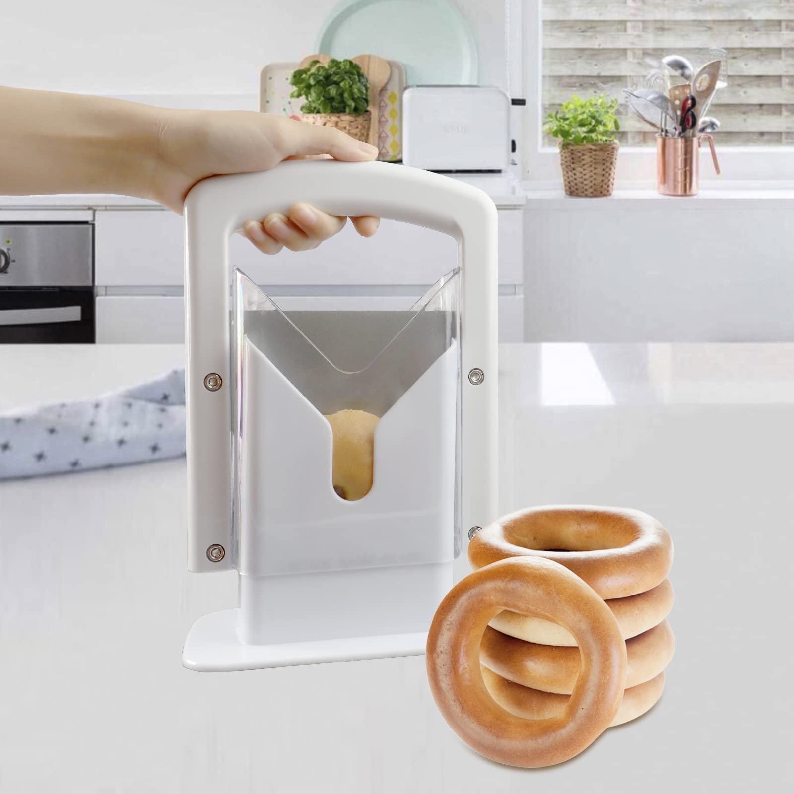 Bagel Slicer,Perfect For Bagels, Safe Grip, Guillotine Cutter, Safety Shield, Stainless Steel (White)