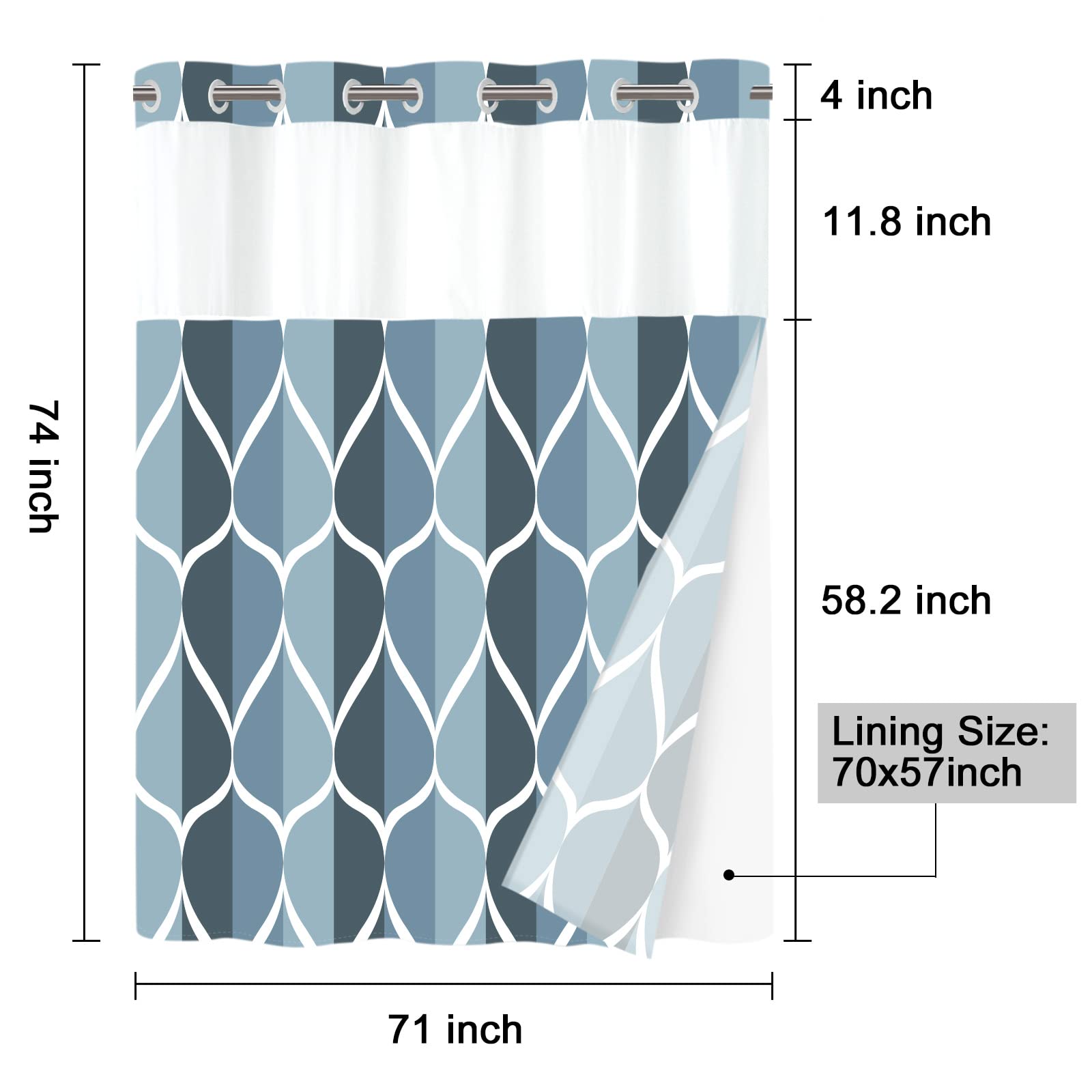 Yiatn No Hook Aegean Blue Shower Curtain With Snap In Fabric Liner Set - Hotel Style With See Through Mesh Top Window, Modern Ge