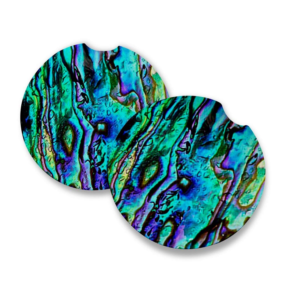 Teal Abalone Car Coasters For Drinks Set Of 2 - Perfect Car Accessories. Coaster Measures 2.56 Inches With Rubber Backing And Fa
