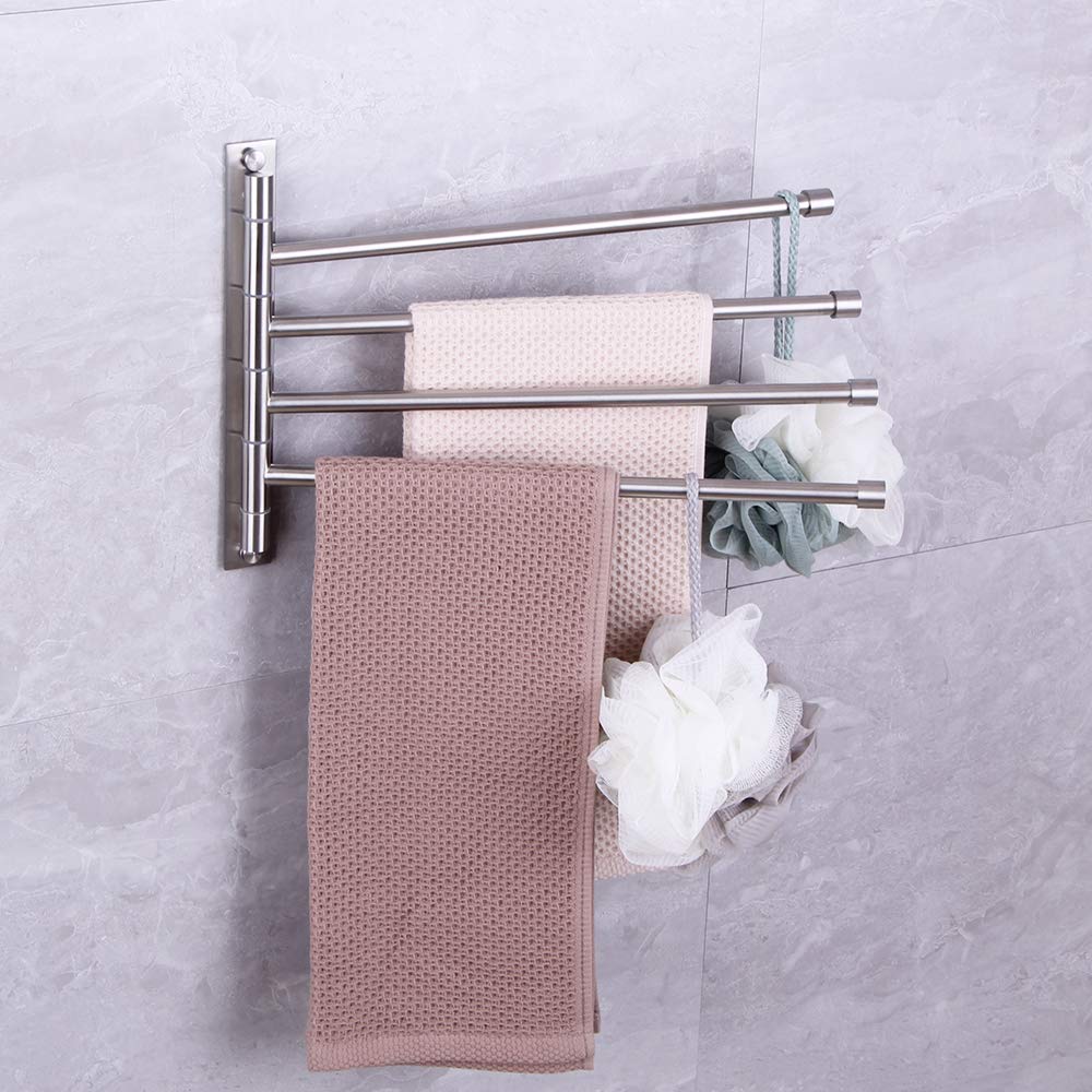 Kimzcn Swivel Towel Bar 4-Arm Bathroom Towel Holder Wall-Mounted Swing Out Towel Rack With Hooks Rustproof Brushed Finish