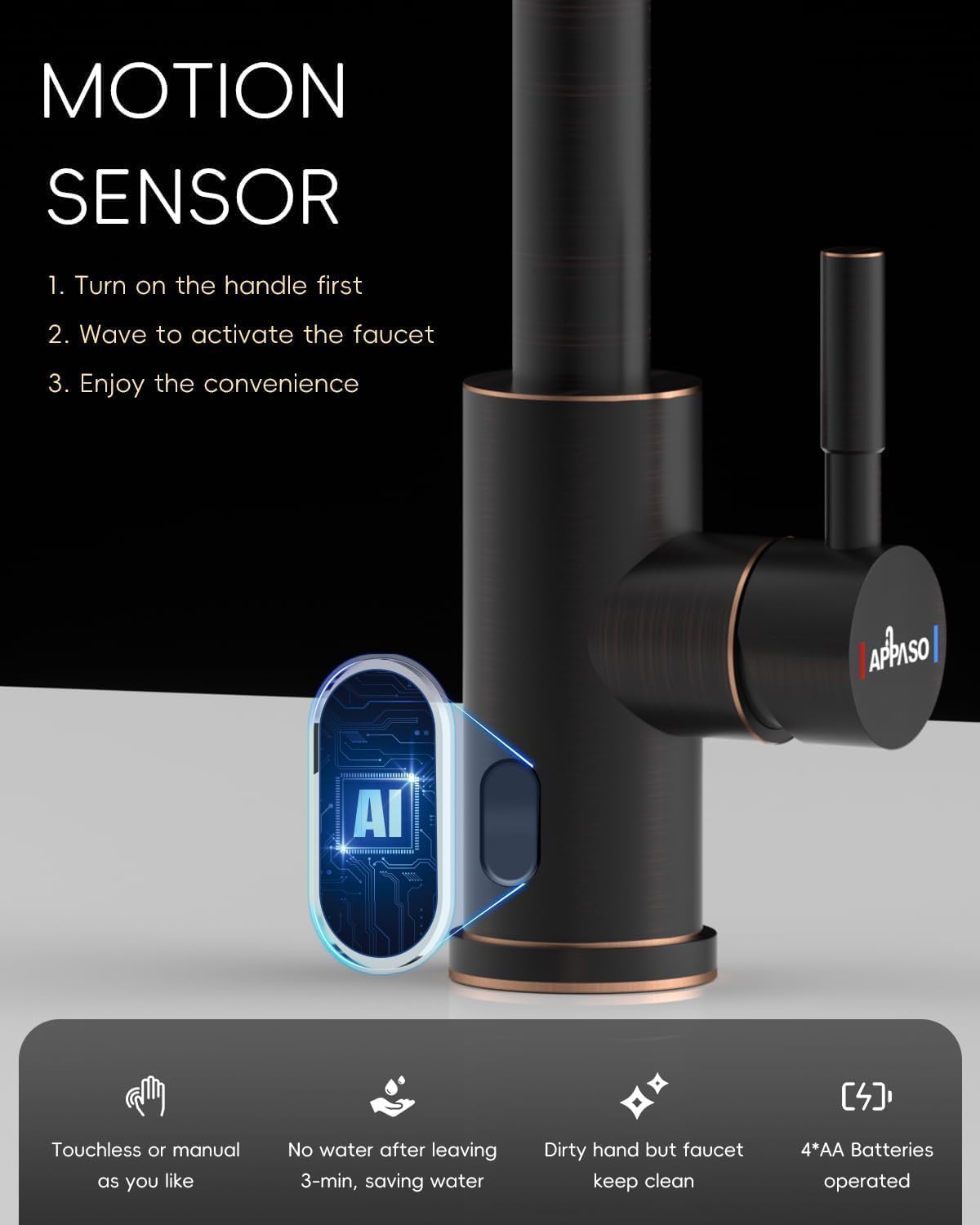 Appaso Bronze Touchless Kitchen Sink Faucet With Pull-Down Sprayer And Soap Dispenser, Oil Rubbed Bronze Kitchen Faucet Touchles