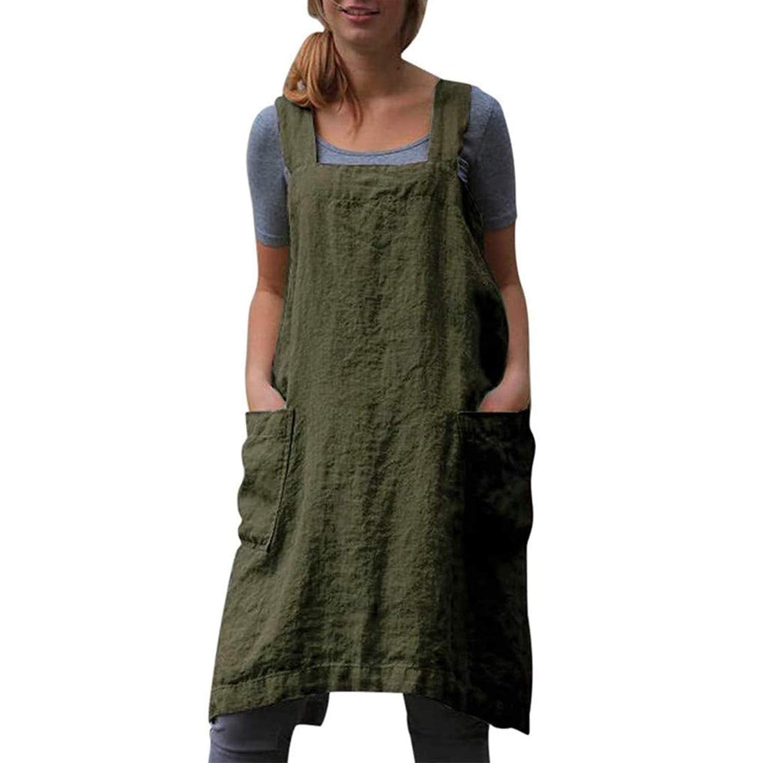 Cotton Linen Apron Cross Back Apron For Women With Pockets Pinafore Dress For Baking Cooking