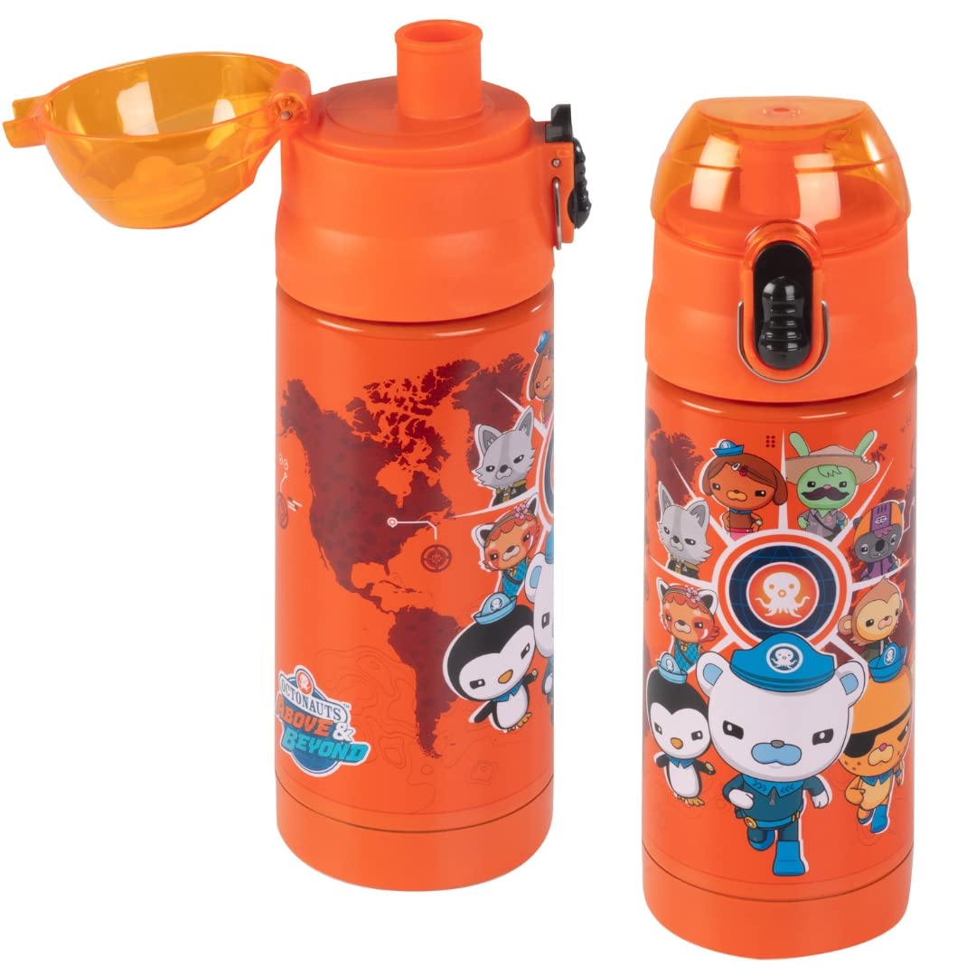 Octonauts Above & Beyond Stainless Steel 13 oz Reusable Water Bottle for Kids, Orange- Double Wall Insulated, Spill Proof Lid w/