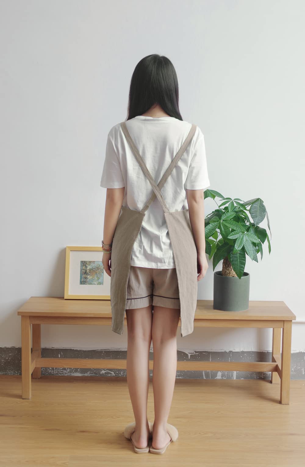 Bbybbs Kitchen Apron Japan Style Cotton Linen Two Pockets Adjustable H Shoulder Straps (Khaki)