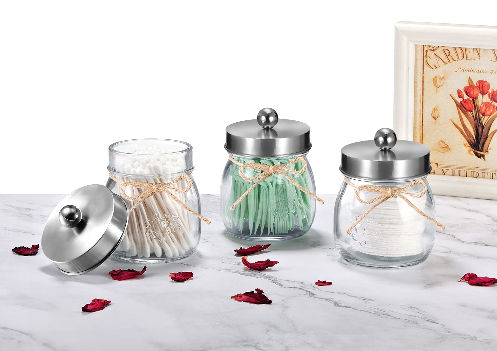 Farmhouse Rustic Decorative Mason Jars  Bathroom Vanity Storage Organizer Canisters Cute Glass Apothecary Jars with Stainless Steel Lid for Cotton Swabs Rounds Balls Floss pick 4 Pack (Brushed nickel)